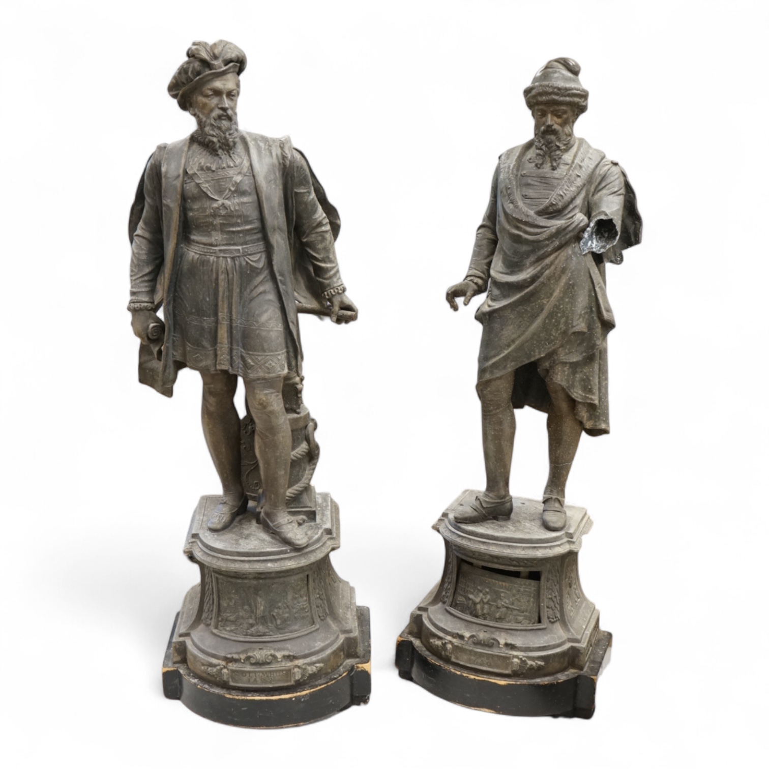 A pair of Victorian spelter figures of Columbus and Gutenberg, 73cm high (damaged)